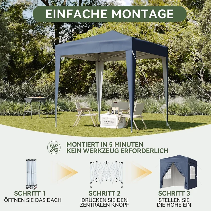 Aoxun Pop Up Pavillon 2x2m Wasserdicht mit 4 Seitenwänden, Metallrahmen-Schutzzelt, Höhe Verstellbar, Faltpavillon 2x2 mit Tragetasche für Camping Party, Blau – Bild 7