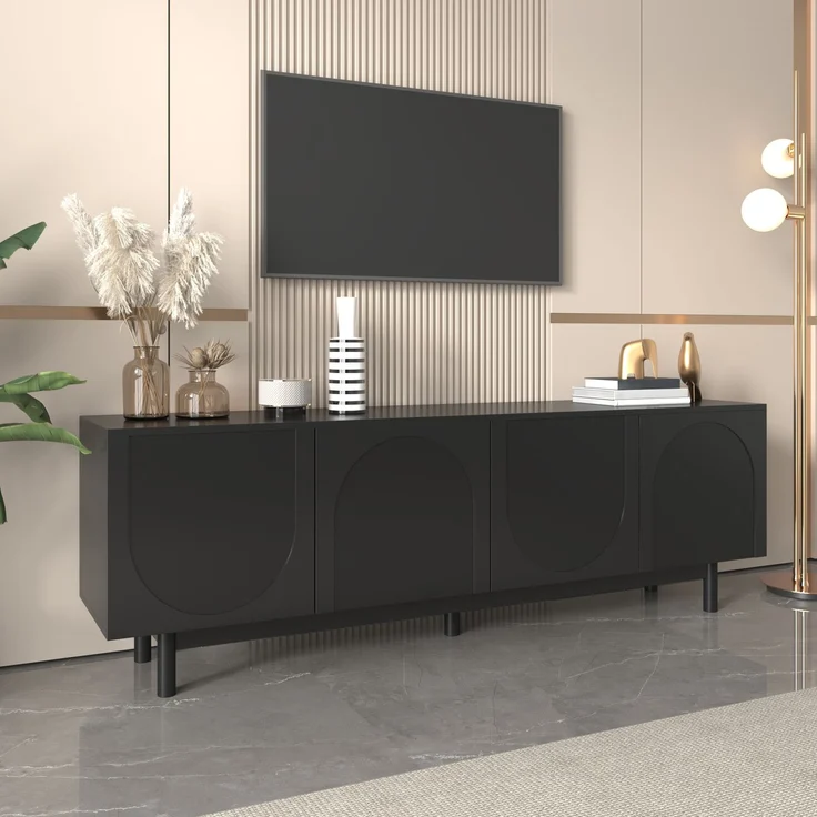 TV-Schrank Schwarz 175 x 38 x 56 cm mit 4 Türen Push-to-Open Stauraum – Bild 2