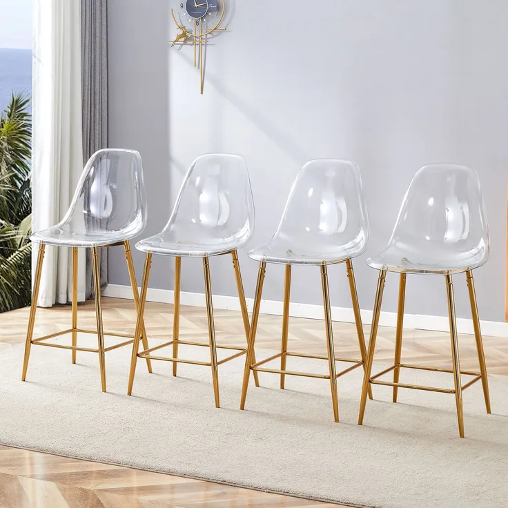 Transparentes Barhocker-Set, 4er-Pack, mit Metallgestell in Silber/Gold/Schwarz, Moderne Design-Stühle für Küche, Bar oder Esszimmer (Nur Stühle, ohne Tisch)--Gold--102x45x51cm--YOUDENOVA