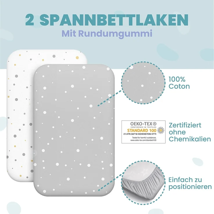 2X Spannbettlaken aus 100% Baumwolle mit Gummiband - 1X Matratzenschoner aus 100% wasserdichtem Material - 3er-Set - 55x90 cm - Grau – Bild 5