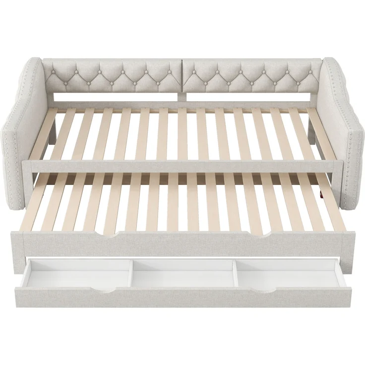 Gepolstertes Tagesbett 90x200 cm mit LED-Licht, Ausziehbett und 3 Schubladen, Beige – Bild 6