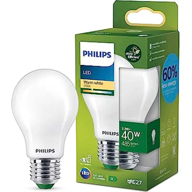 Philips E27 LED-Lampe A60, 2,3W 485lm, warmweiß 2.700K, matt