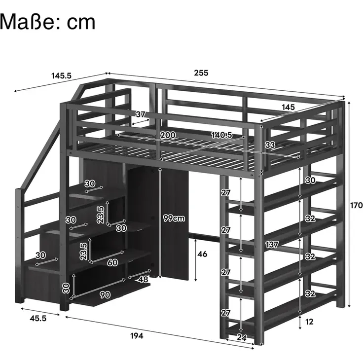 Hochbett mit Kleiderschrank, LED-Streifen, Rausfallschutz und Regal, 140x200cm, Treppe mit Schränken, und, Kinderbett, Metallbett – Bild 5