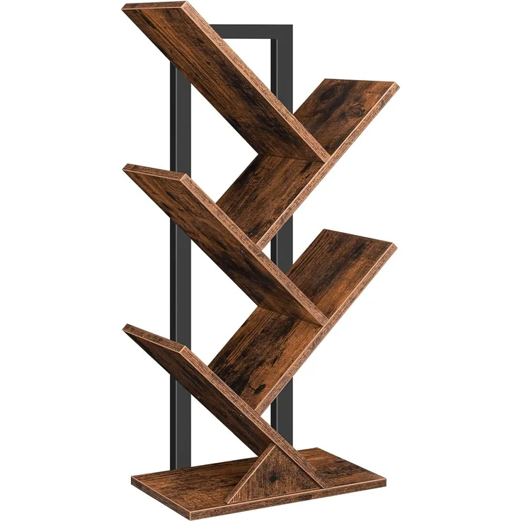 HOOBRO Bücherregal, Standregal mit 4 Ebenen, Holz DVD Regal, in Baumform, Metallgestell, für Wohnzimmer, Arbeitszimmer, Kinderzimmer, Vintagebraun EBF04SJ01G1 – Bild 1