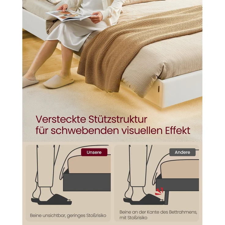 VASAGLE Bettgestell, Doppelbettgestell, 167 x 213 cm, schwebender visueller Effekt, Bett mit LED-Beleuchtung, hohem Kopfteil, Ladestation, modern, wolkenweiß – Bild 5