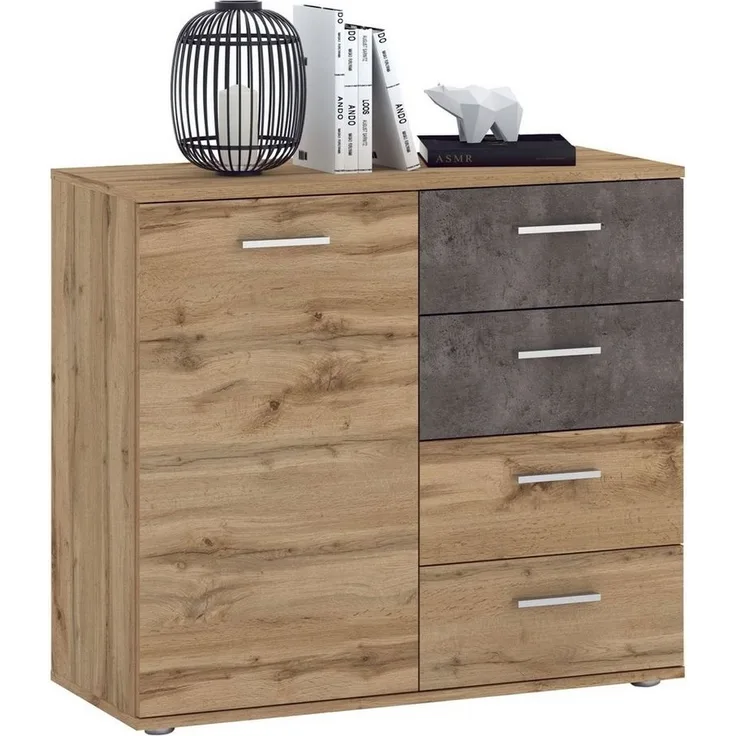 CARO-Möbel Kommode Sideboard Schrank Chicago in Wotan Eiche/Beton dunkel, mit Tür und 4 Schubladen Highboard