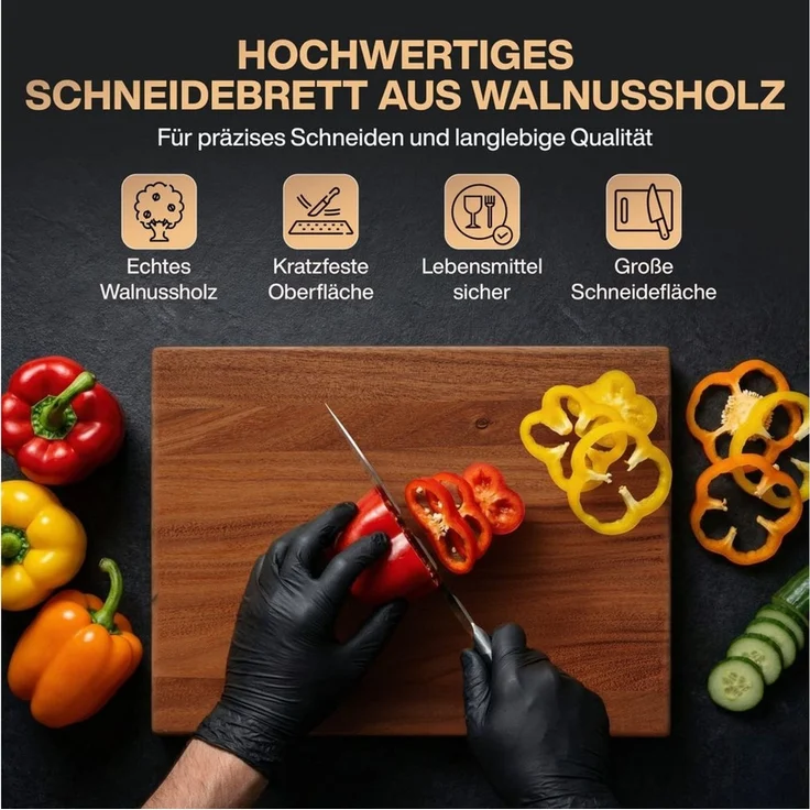 PEGSEN Schneidebrett Premium Küchenbrett Hackblock Holzschneidebrett 40x30x3cm, Massivholz, Nussbaum, mit rutschfesten Standfüßen, Servierbrett & Tranchierbrett – Bild 2