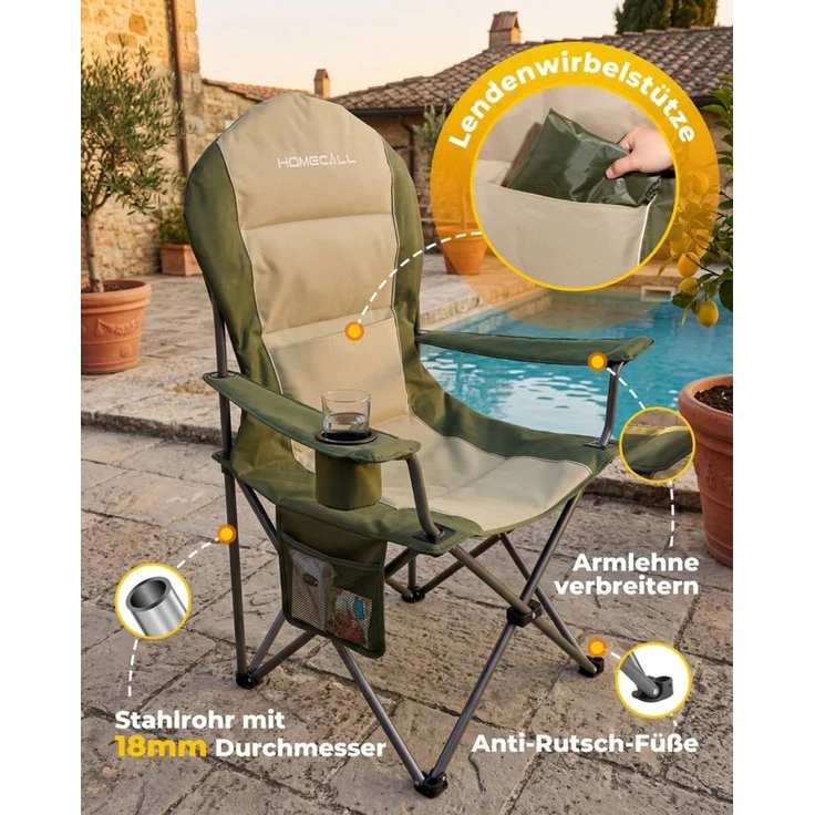 HOMECALL Campingstuhl Hochlehner 110cm mit Lendenwirbelstütze Klappstuhl Angelstuhl Faltbar (Bis 150kg, gepolstert, faltbar, stabil, 1 St), für Camp Garten Balkon – Bild 4