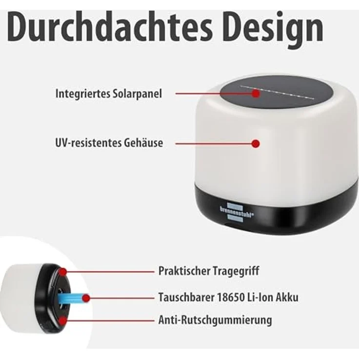 Brennenstuhl Akku Solar LED Outdoor Leuchte RGB GL 100 ASR (Campinglampe IP44 mit 340lm, 10%-50%-100% warmweiß – RGB Farbwechsel, bis zu 85h Leuchtdauer, Powerbank, austauschbarer Li-Ion Akku, USB C) – Bild 5