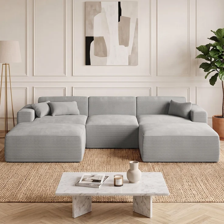 skølm 'Freki' Cloud Sofa 3 Sitzer mit 2x Hocker, Vollschaumcouch mit Federkern und Vakuum-Kompression, kein Aufbau erforderlich, mit 3 Kissen, Cord grau – Bild 1