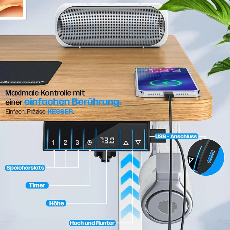KESSER® Höhenverstellbarer Schreibtisch elektrisch, Ergonomisch Steh-Sitz Schreibtisch, 3-Funktions-Memory Steuerung, Inkl. 360° Rollen & USB-Ladeanschluss, Computertisch für Homeoffice Beige, 160 x 70 cm – Bild 4