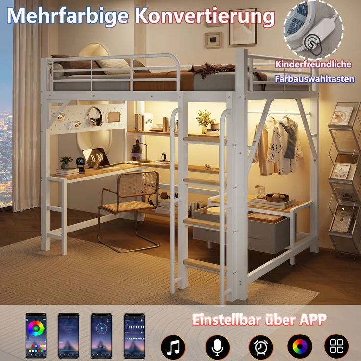 Hochbett, 140x200 cm, Eisenrahmen, Lochwand, mehreren Regalen,Stoffschubladen , Schreibtisch, mit USB-Anschluss, icherheitsgeländer, Aufhängestange,mit LED-Lichtleiste, ohne Matratze,Weiß – Bild 7