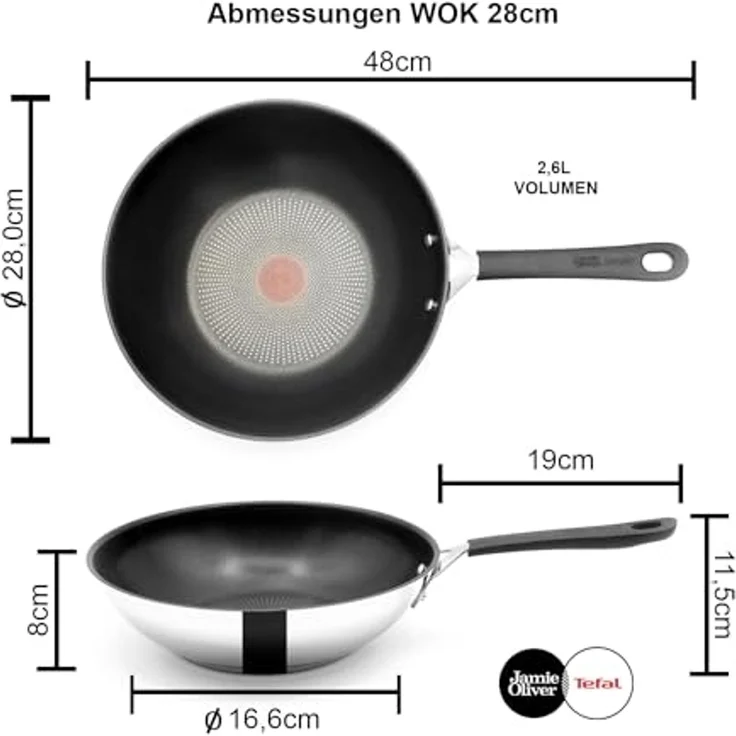 Tefal E30 Jamie Oliver Edelstahl Wok 28 cm, Antihaftbeschichtet, Induktionsfähig, Thermo-Signal, Backofenfest bis 175°C, Hitzebeständig bis 260°C, Genieteter Edelstahlgriff mit Silikon – Bild 5