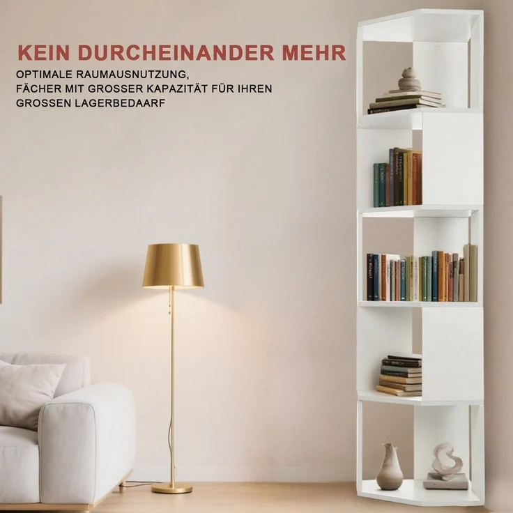 oyajia Bücherregal Bücherregal Eck 159cm für Wohnzimmer Home Office, 5-Stöckiges Weiß, Standregal, Büroregal, 5 Fächer, Holzwerkstoff, 40x40x159cm (BxTxH) – Bild 3