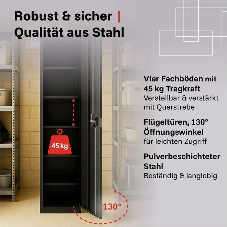 LagerZwei Aktenschrank Stahlschrank 185 x 50 x 50 cm (1-St) 3-fach verriegelt, 4 Böden, bis 30 Ordner, nur 50 cm breit – Bild 2