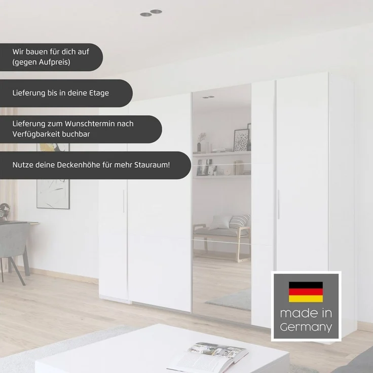 rauch Schwebetürenschrank Kleiderschrank Drehtürenschrank Schrank Garderobe KRONACH TOPSELLER (in 3 Ausstattungen BASIC/CLASSIC/PREMIUM, Breiten 225/268/311/354 cm) Kombischrank optional mit 1 oder 2 Spiegel viele Böden MADE IN GERMANY – Bild 2