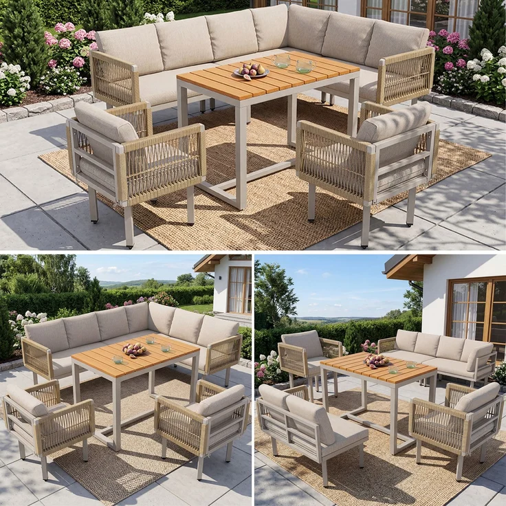 Merax 6-teiliges Gartenlounge-Set, Ecksofa mit 2 Sesseln & Tisch, wetterfestes Stahlgestell, Seilgeflecht-Design, Outdoor Lounge für Balkon & Terrasse, Beige – Bild 3