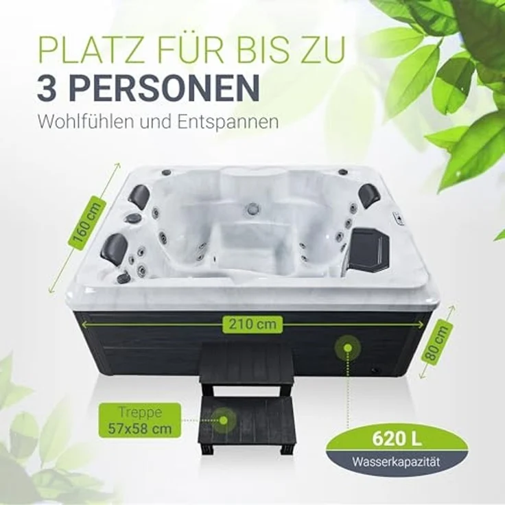 Artsauna Outdoor Whirlpool Oasis mit Treppe - Spa mit Massagedüsen, LED-Beleuchtung, 2 Filter, Abdeckung, Pumpe - Whirlpool winterfest & beheizbar – Bild 4