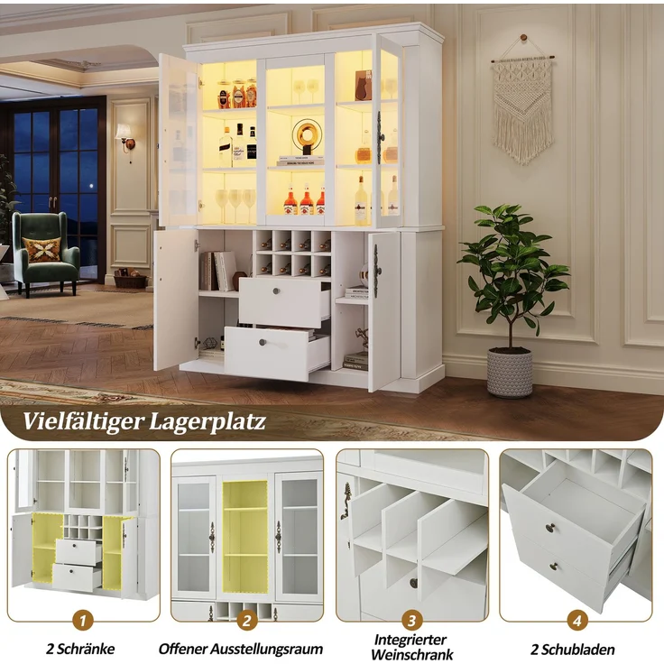 130*37.5*170.5cm Vitrine, Standvitrine mit 2 Schubladen 4 Schranktüren, Glasvitrine mit LED, Wohnzimmerschrank 130 cm breit, Multifunktionsschrank mit 8 Weinregal, Großer Schrank, Weiß – Bild 6