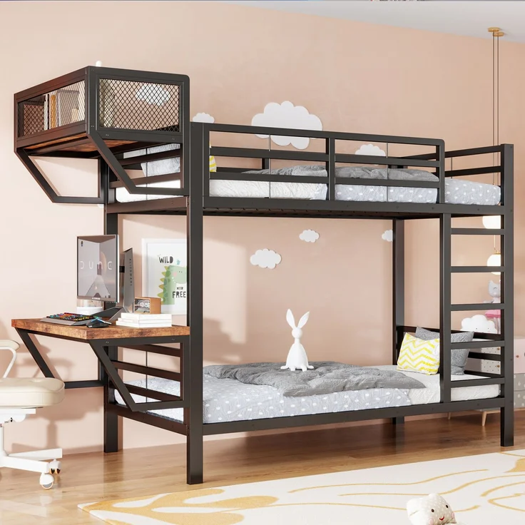 ZUBALIYA Metall-Etagenbett (90 x 200 cm) mit Schreibtisch und Ablagefächern, Lattenrost, platzsparendes Hochbett für Kinder, Jugendliche und Erwachsene, Schwarz – Bild 7