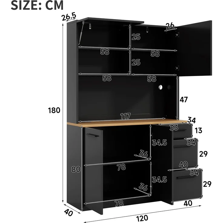 Buffetschränke, Esszimmer-Hochschrank 120×40×180 cm, mehrstufigem Stauraum, integrierter Steckdose sowie USB-C- und USB-A-Anschlüssen,Mit farbigem Lichtstreifen, Schwarz – Bild 7