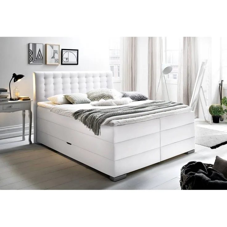 Boxspringbett 180x200 cm inkl. seitlich klappbaren Bettkasten LORETOPLUS-114 in Weiß, Härtegrad H3