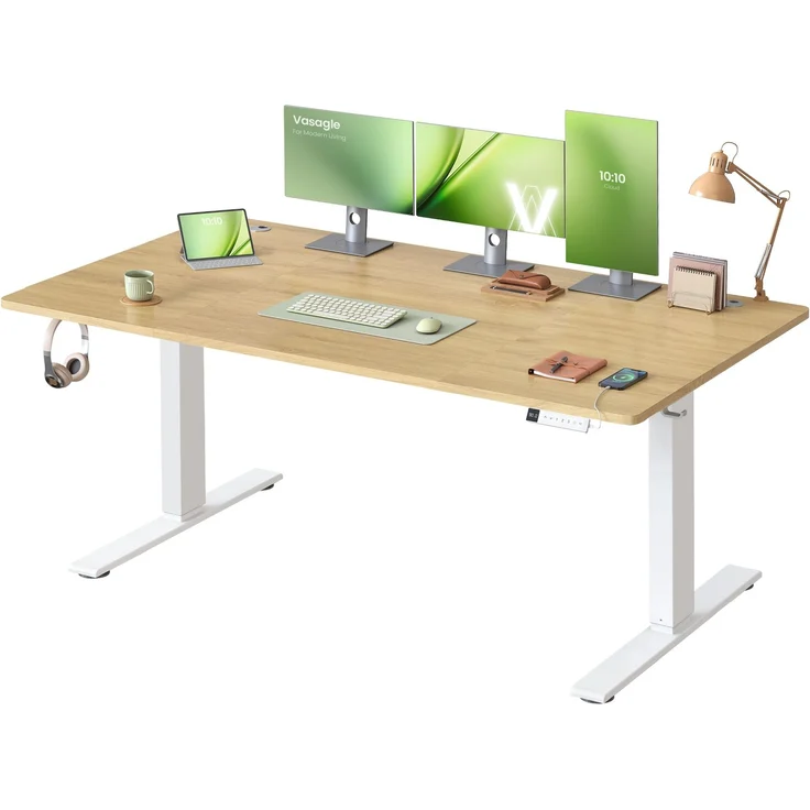 VASAGLE Höhenverstellbarer Schreibtisch, 160x80 cm, USB-C-Anschluss, Ablage für Steckdosenleiste, Stehtisch, Erinnerung bei langem Sitzen, 3 Speichertasten, für Büro, goldeichenfarben LSD146YA02 – Bild 1