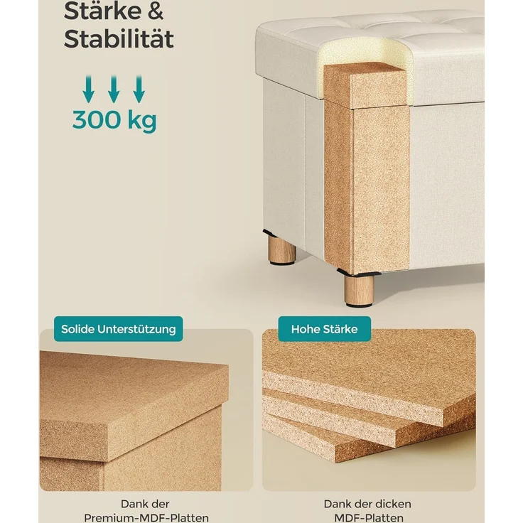 Songmics Sitzhocker mit Stauraum, kleine klappbare Sitzbank, 38x38 cm Fußbank, Aufbewahrungsbox, bis 300 kg belastbar, für Wohnzimmer Schlafzimmer Schlafsaal, Cremeweiß – Bild 4