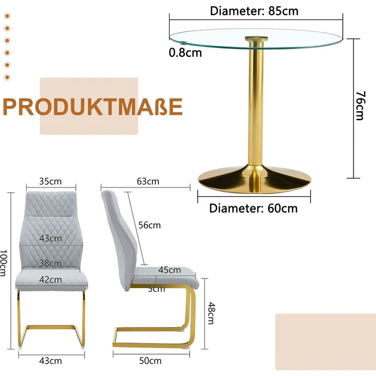 Tisch-Stuhl-Set: Runde Glastisch mit 85 cm Durchmesser im leicht luxuriösen Stil, getragen von goldfarbenen Metallstützen. Kombiniert mit 4 modernen Esszimmerstühlen in Hellgrau und Gold, Tisch-Stuhl-Set: Runde Glastisch mit 85 cm Durchmesser im leicht... – Bild 2