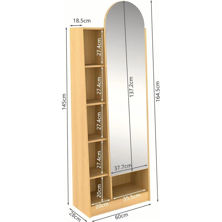 LVHOM Dielenschrank mit Ganzkörperspiegel 165cm hoch, Multifunktionaler Spiegelschrank aus Holz, schmaler Badezimmerschrank mit verstellbaren Böden, Natur – Bild 6