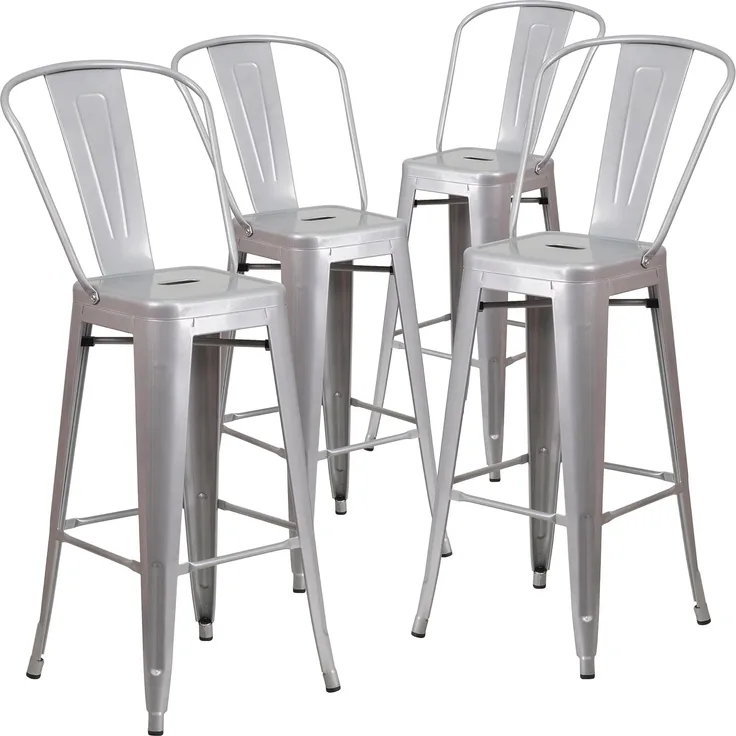Flash Furniture Barhocker mit Rückenlehne – Metall-Barstuhl für Innen- und Außenbereich – Tresenstuhl ideal für Küche, Bar oder Bistro – 4er Set – Silber