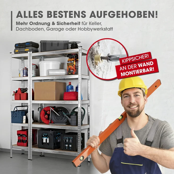 EASYmaxx Schwerlastregal-Set mit 5 belastbarenHolzböden 2-tlg. silber/holzfarben – Bild 8