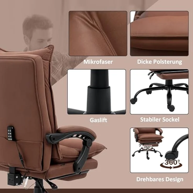 Vinsetto Schreibtischstuhl Bürostuhl mit Heizfunktion, Massagesessel (Chefsessel, 1 St), 120 kg Belastbar, Braun – Bild 9