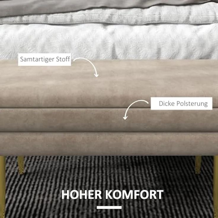 HOMCOM Sitzbank, Polsterbank mit Stauraum, Samtoptik, Bettbank mit Stahlbeine, Schuhbank, Aufbewahrungsbank für Wohnzimmer, Schlafzimmer, Beige, 79,5 x 37,5 x 43 cm – Bild 4