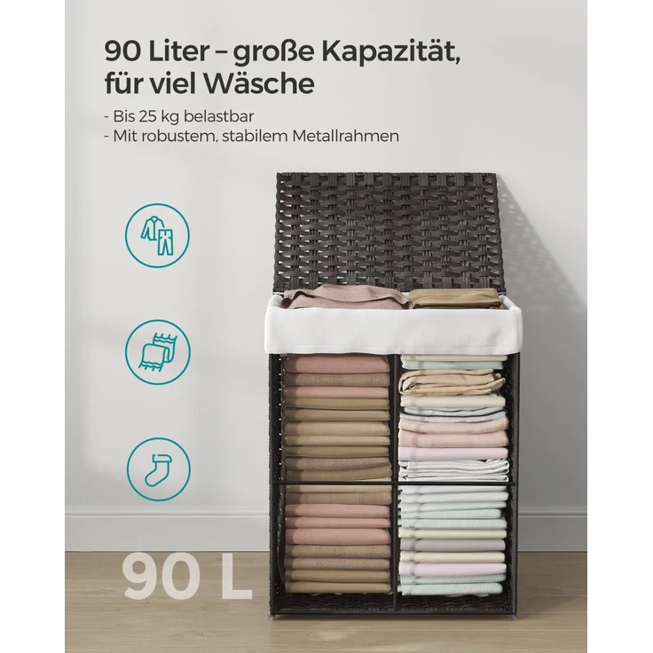 Songmics Wäschekorb handgeflochten, Rattan Schwarz, 90L 46 x 33 x 60 cm – Bild 3