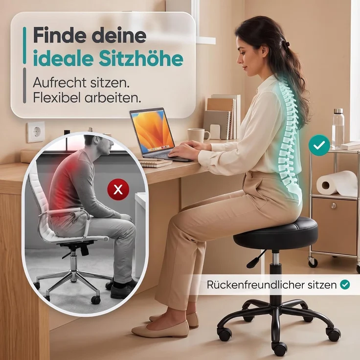 Movaro Rollhocker mit Metall-Basis und leisen Softrollen [Neues Modell] - höhenverstellbar, 360° drehbar, kratzfrei und stabil - ergonomischer Hocker mit Rollen | Arbeitshocker | Bürohocker 44x44x50-63 cm [Schwarz] – Bild 3