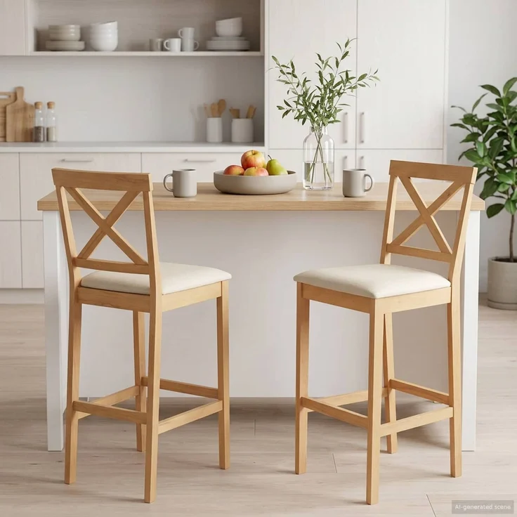 vidaXL Barhocker 2 Stück Natur und Beige Massivholz aus Gummibaum und Stoff 42047608 – Bild 1