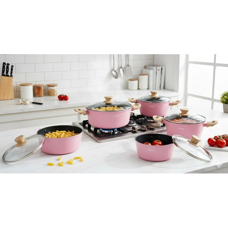 Kochtopf-Set 10-tlg. mit Glasdeckeln – Induktion geeignet, Antihaft-Marmorbeschichtung Pink – Bild 2