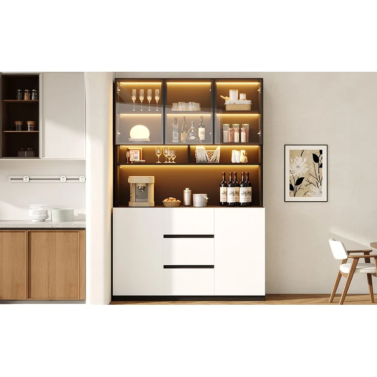 ZUBALIYA Vitrine mit LED-Beleuchtung, 120 x 200 cm, moderne Wohnzimmervitrine mit grauen Glastüren, offenen Einlegeböden, 2 Türen und 3 Schubladen, aus mitteldichter Faserplatte (MDF), in Schwarz-Weiß – Bild 12
