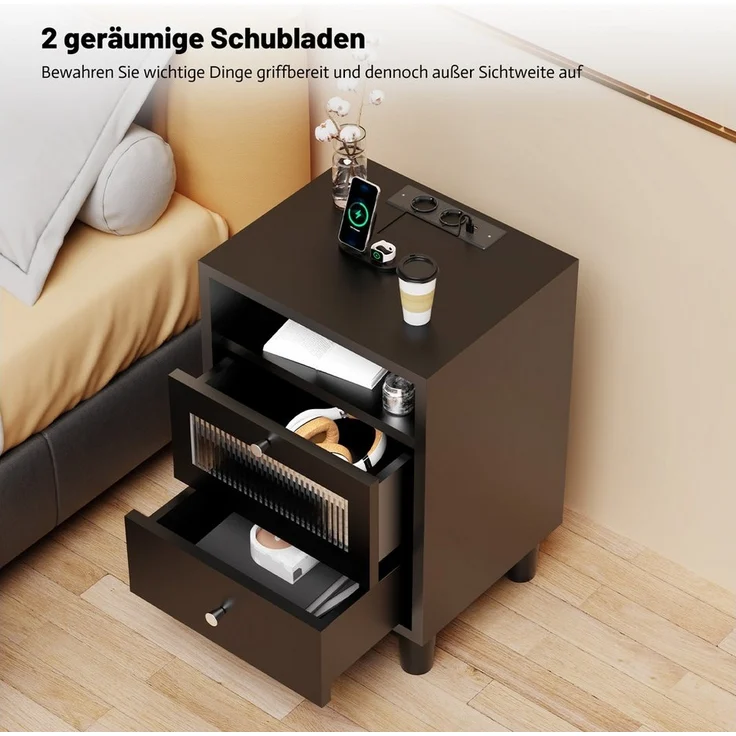 oyajia Nachttisch mit LED-Beleuchtung und Ladefunktion, Beistelltisch (Nachtschrank Beistelltisch mit 2 Schubladen und 1 offener Ablage, 1-St), 2 AC-Steckdosen, 1 typ C+1 USB-Anschlüsse, 40x35x61cm – Bild 3