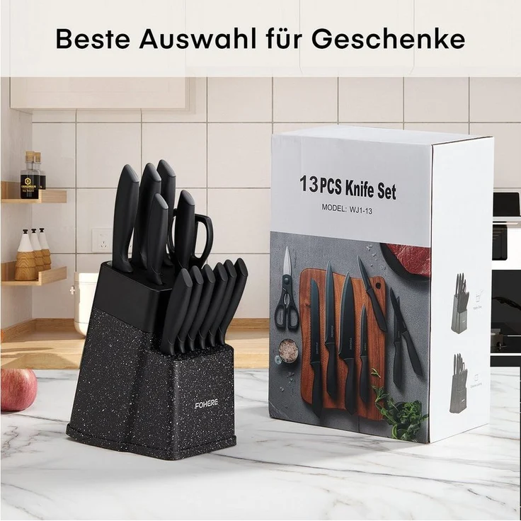 FOHERE Messer-Set aus hochwertigem Edelstahl, mit ergonomischen Griffen (13-tlg), Inkl. integriertem Schärfblock, spülmaschinenfest & rostfrei – Bild 2