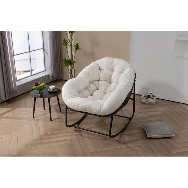 Rattan-Schaukelstuhl für den Außenbereich, gepolsterter Schaukel- und Liegesessel für Veranda, Wohnzimmer, Terrasse, Garten, Weiß – 93 x 73 x 23 cm – YOUDENOVA – Bild 8