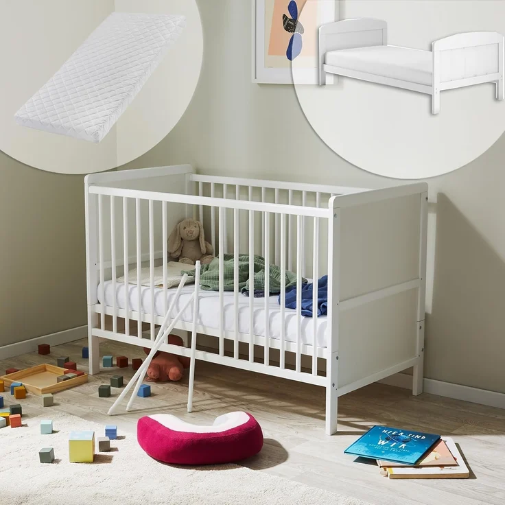 Kids Collective Babybett umbaubar zu Kinderbett 60x120 cm mit Matratze und Lattenrost, Raufallschutz Vollholz 120 x 60, weiss sehr stabil Made in Europe – Bild 1