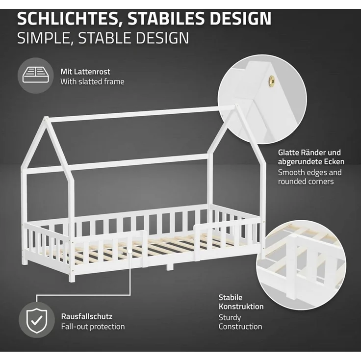 ML-DESIGN Spielbett Hausbett Kinderbett inkl. Lattenrost kreativ Bodenbett für Kinder, Abenteuerbett ohne Matratze 90x200cm Holzbett Weiß Kiefer Bettgestell – Bild 2