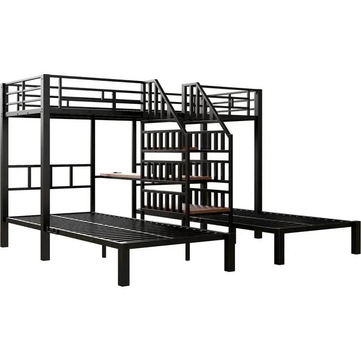 Etagenbett mit 3 Liegeflächen, Lattenrost, Rausfallschutz, Nachttisch, Treppe, Steckdose, USB, LED, 90x200cm, Kinderbett, Metallbett – Bild 7