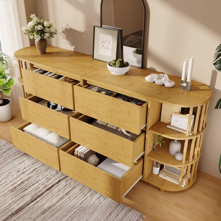 Sideboard Eiche Retro-Römisch mit 6 Schubladen & Bambusregalen, Kippsicher, Wohnzimmer Flur Küche Aufbewahrung – Bild 2