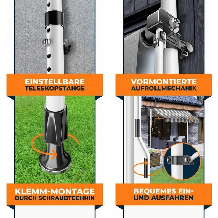 KESSER® Klemmmarkise mit Handkurbel & LED Lichterkette | Balkonmarkise ohne Bohren | Markise UV-beständig höhenverstellbar & wasserabweisend | Sonnenschutz für Balkon Terrasse & Garten Weiß / Grau, 150 cm – Bild 3