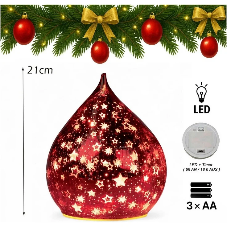 formano LED Deko Farbglas Tropfen Sterne Rot 21 cm Glasleuchte in Crackle-Optik + Timer (6h an/18h aus), Batteriebetrieben. – Stimmungslicht Winter & Weihnachten Dekoleuchte für gemütliches Zuhause – Bild 2