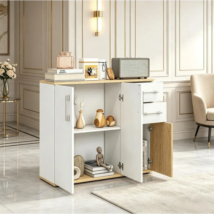 DESVIAE Sideboard Weiß/Natur aus Spanplatte – 90x75,5x30 cm – 2 Schubladen, verstellbarer Einlegeboden – Bild 8