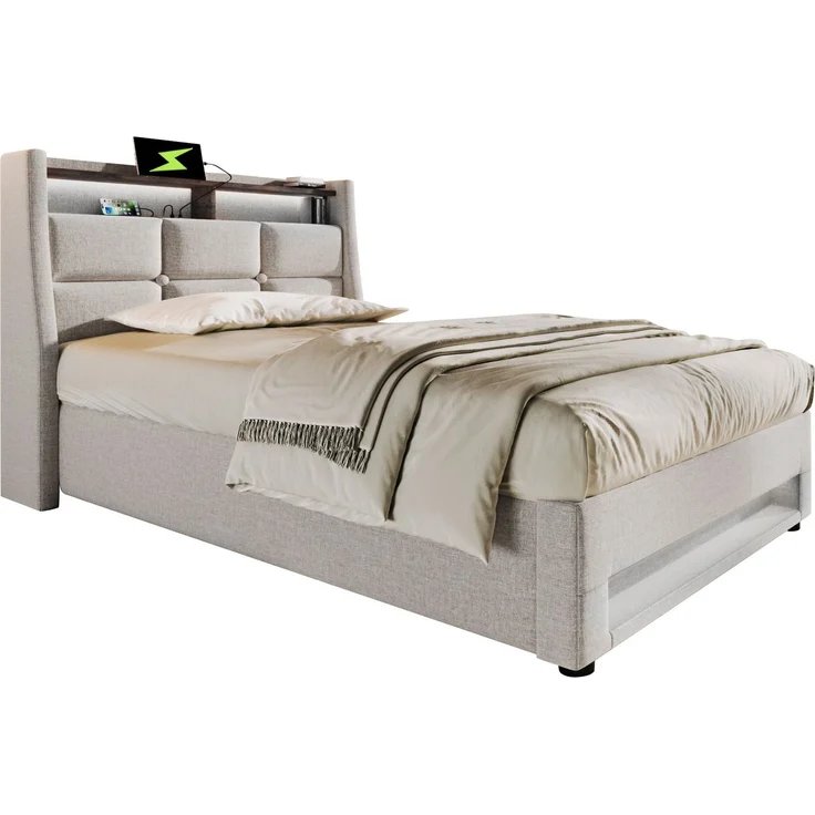 Polsterbett 90x200 cm Einzelbett mit LED-Beleuchtung, USB-Ladestation, Lattenrost und Stauraum, Leinen, Beige – Bild 2